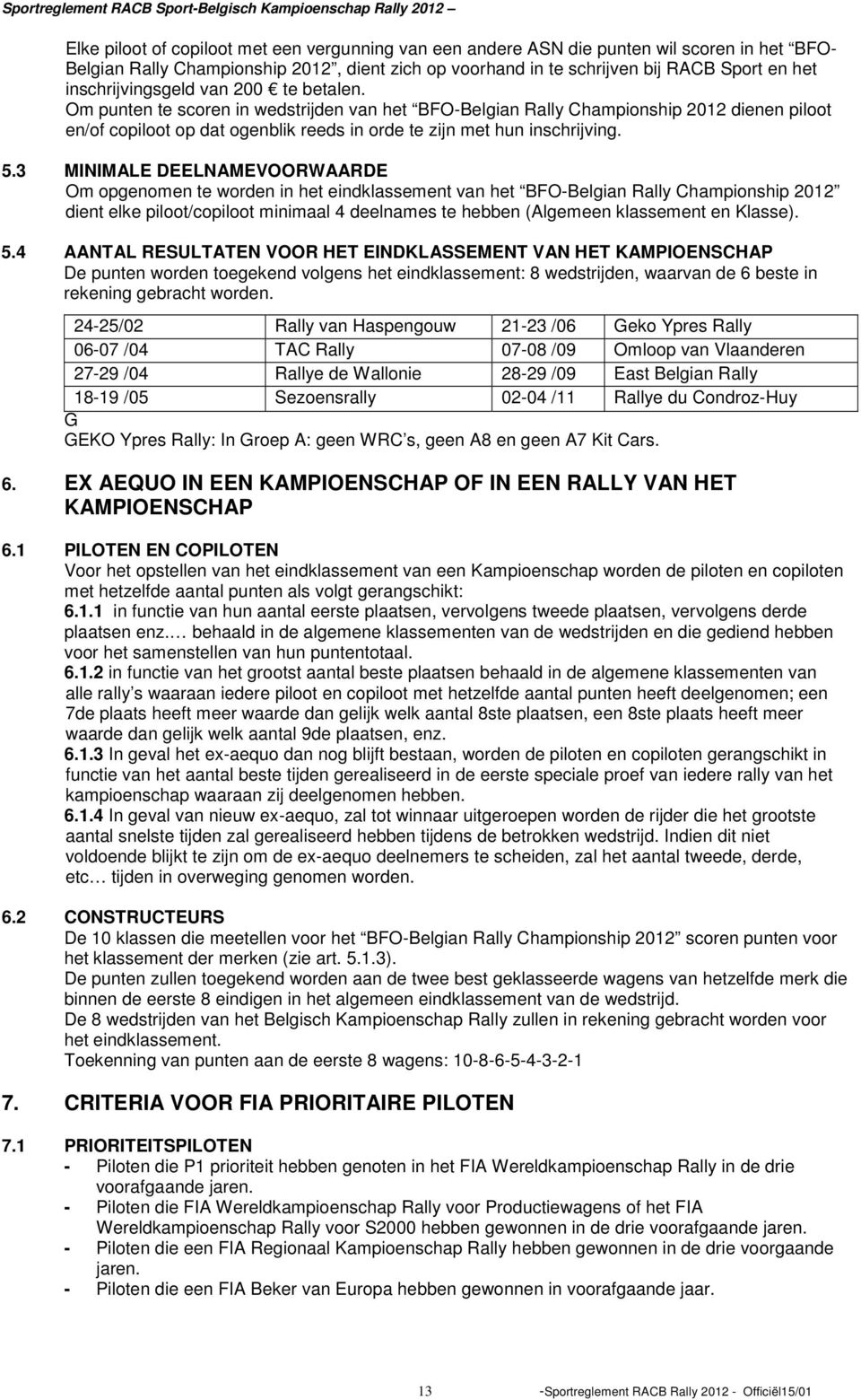 Om punten te scoren in wedstrijden van het BFO-Belgian Rally Championship 2012 dienen piloot en/of copiloot op dat ogenblik reeds in orde te zijn met hun inschrijving. 5.