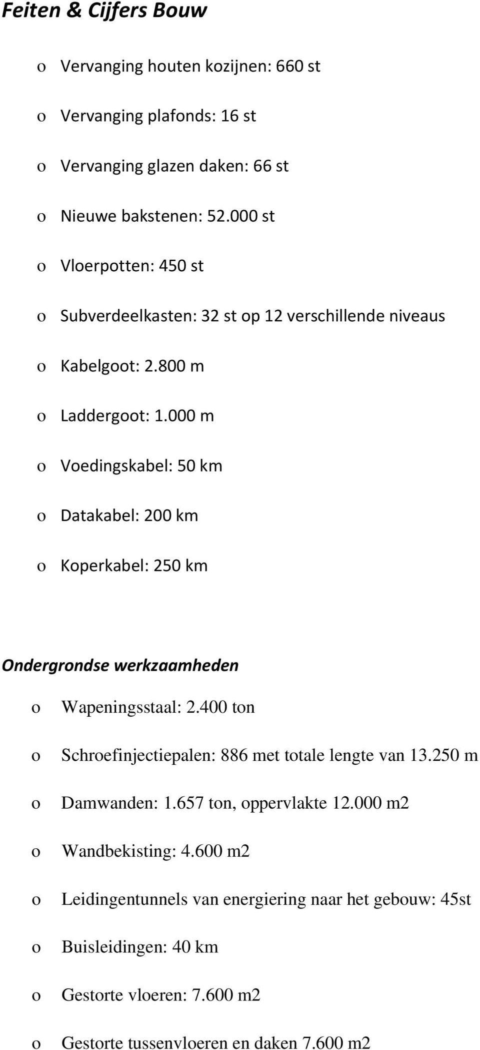 000 m Vedingskabel: 50 km Datakabel: 200 km Kperkabel: 250 km Ondergrndse werkzaamheden Wapeningsstaal: 2.