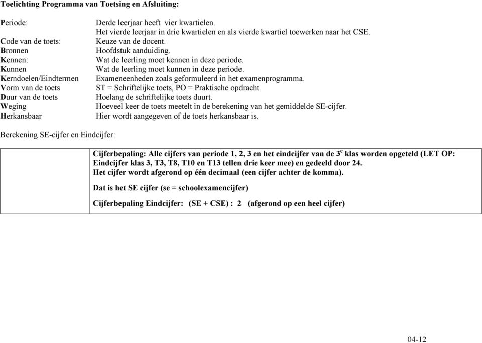 Wat de leerling moet kunnen in deze periode. Exameneenheden zoals geformuleerd in het examenprogramma. = Schriftelijke, PO = Praktische opdracht. Hoelang de schriftelijke duurt.