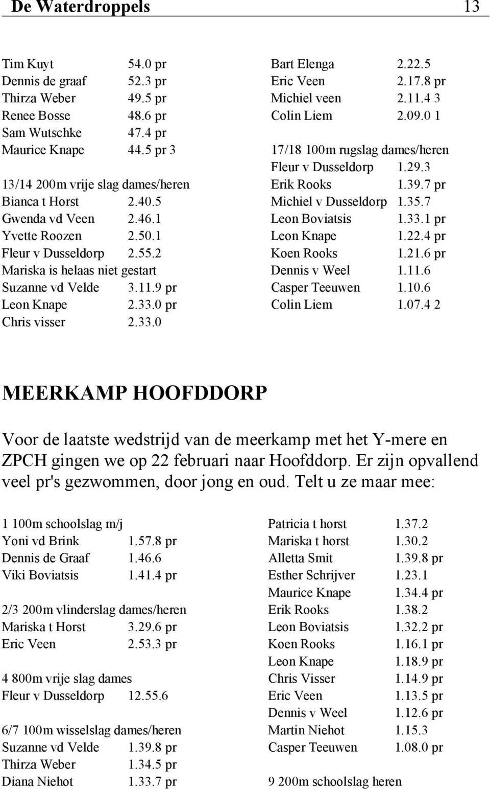 5 Eric Veen 2.17.8 pr Michiel veen 2.11.4 3 Colin Liem 2.09.0 1 17/18 100m rugslag dames/heren Fleur v Dusseldorp 1.29.3 Erik Rooks 1.39.7 pr Michiel v Dusseldorp 1.35.7 Leon Boviatsis 1.33.