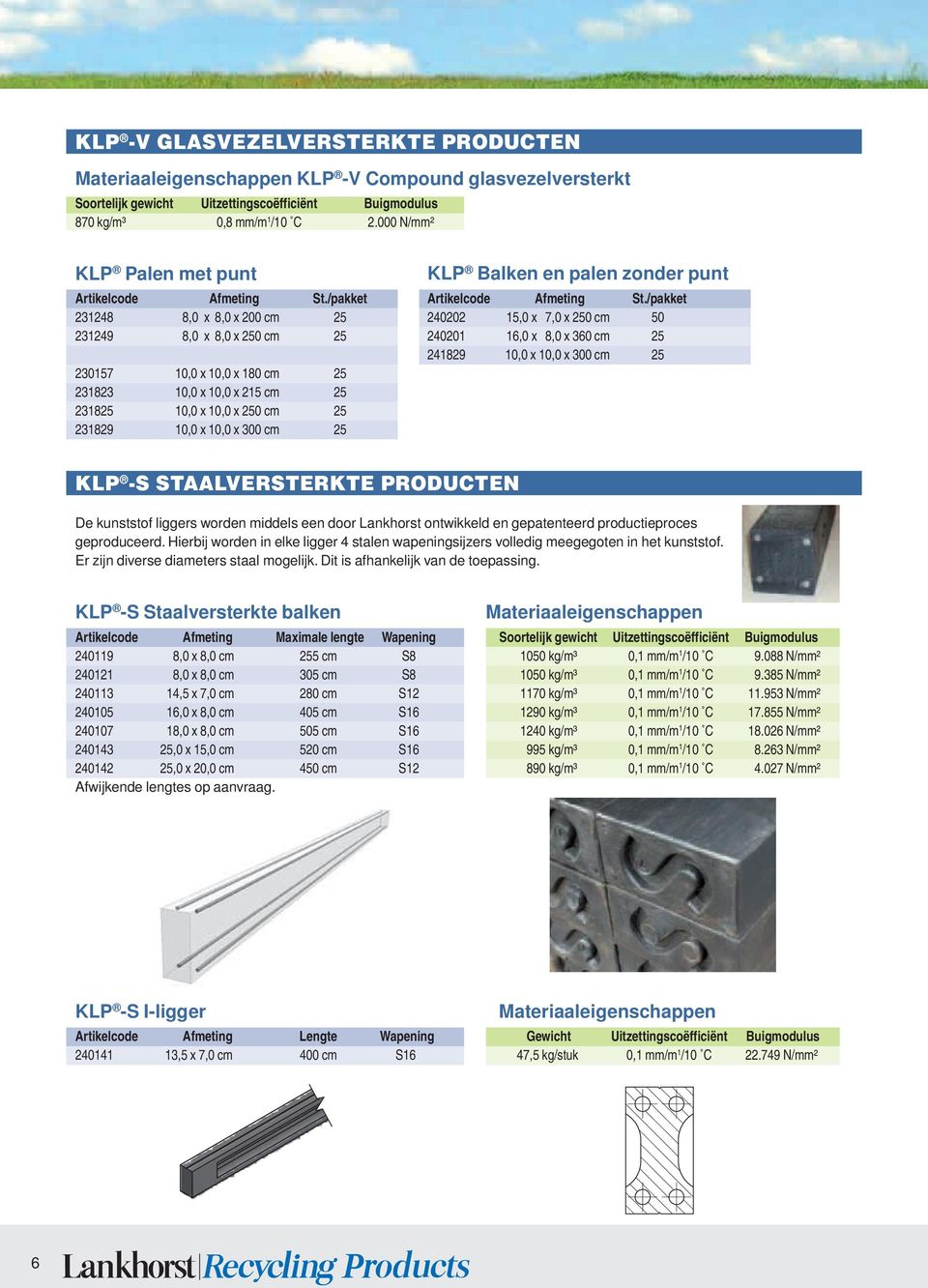 /pakket 00 5,0 x 7,0 x 50 cm 50 00 6,0 x,0 x 360 cm 5 9 000 0,0 x 0,0 x 300 cm 5 350 A klp -s staalversterkte producten 35 De kunststof liggers worden middels een door Lankhorst ontwikkeld en