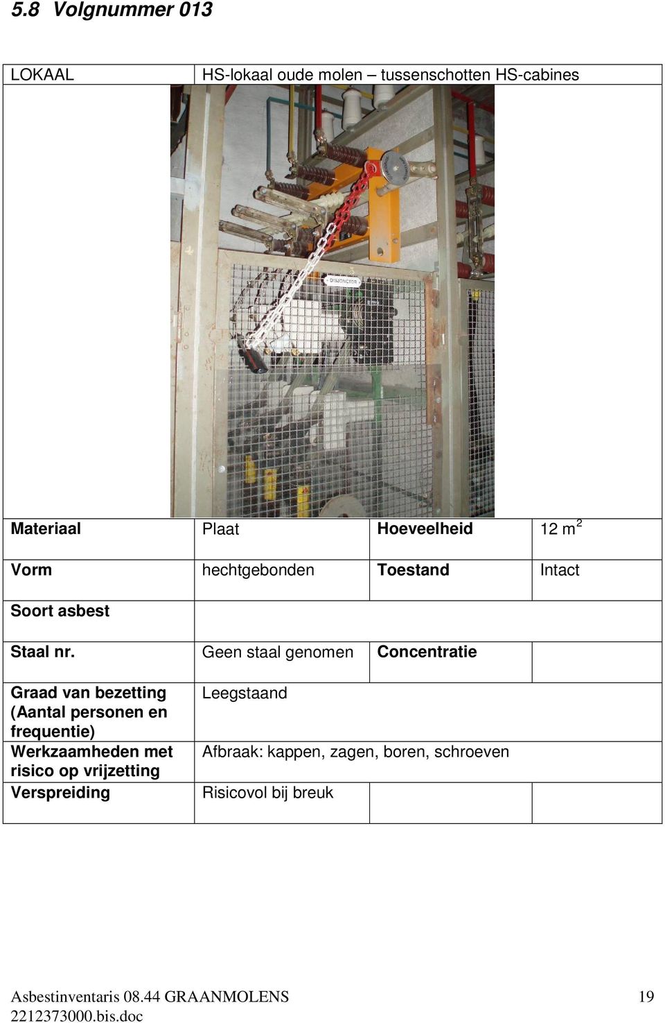 Geen staal genomen Concentratie Graad van bezetting (Aantal personen en frequentie) Werkzaamheden