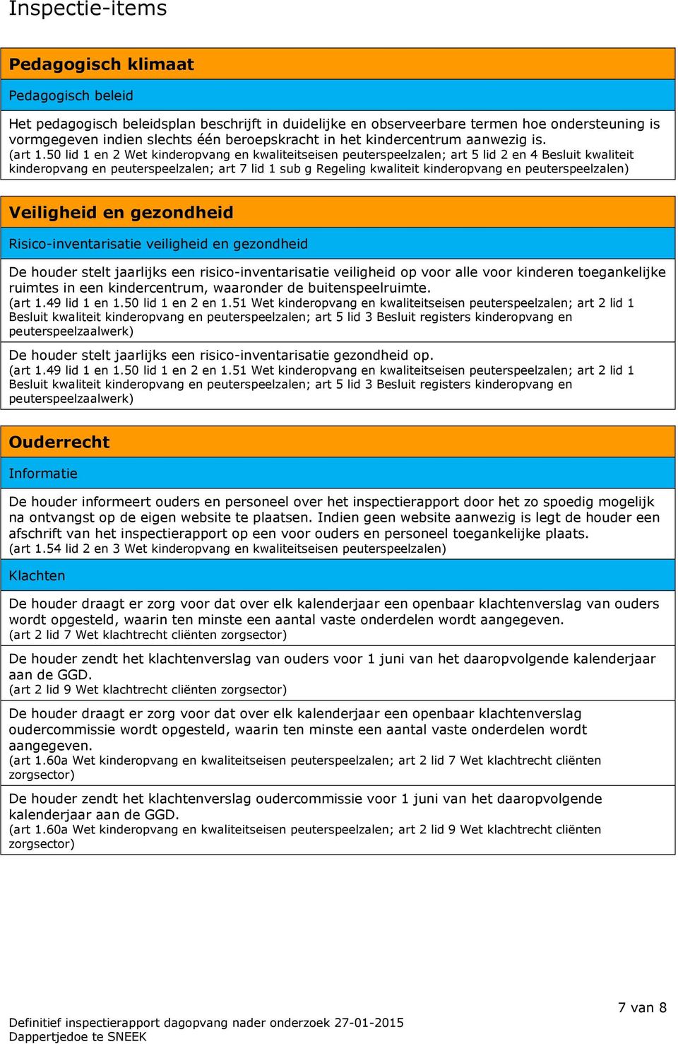 50 lid 1 en 2 Wet kinderopvang en kwaliteitseisen peuterspeelzalen; art 5 lid 2 en 4 Besluit kwaliteit kinderopvang en peuterspeelzalen; art 7 lid 1 sub g Regeling kwaliteit kinderopvang en