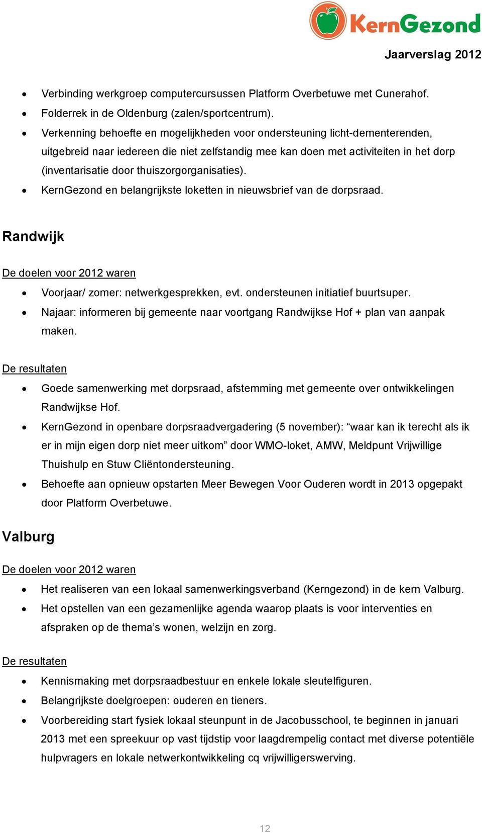 thuiszorgorganisaties). KernGezond en belangrijkste loketten in nieuwsbrief van de dorpsraad. Randwijk De doelen voor 2012 waren Voorjaar/ zomer: netwerkgesprekken, evt.