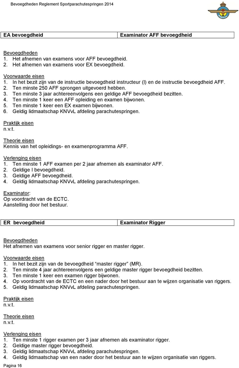 Ten minste 1 keer een EX examen bijwonen. 6. Geldig lidmaatschap KNVvL afdeling parachutespringen. Kennis van het opleidings- en examenprogramma AFF. 1. Ten minste 1 AFF examen per 2 jaar afnemen als examinator AFF.