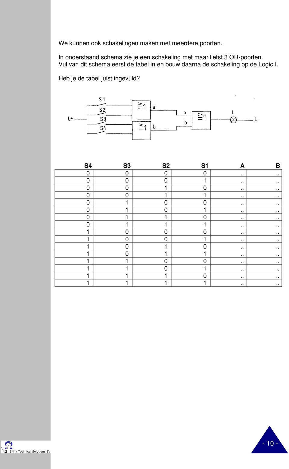 Vul van dit schema eerst de tabel in en bouw daarna de schakeling op de Logic I. Heb je de tabel juist ingevuld?