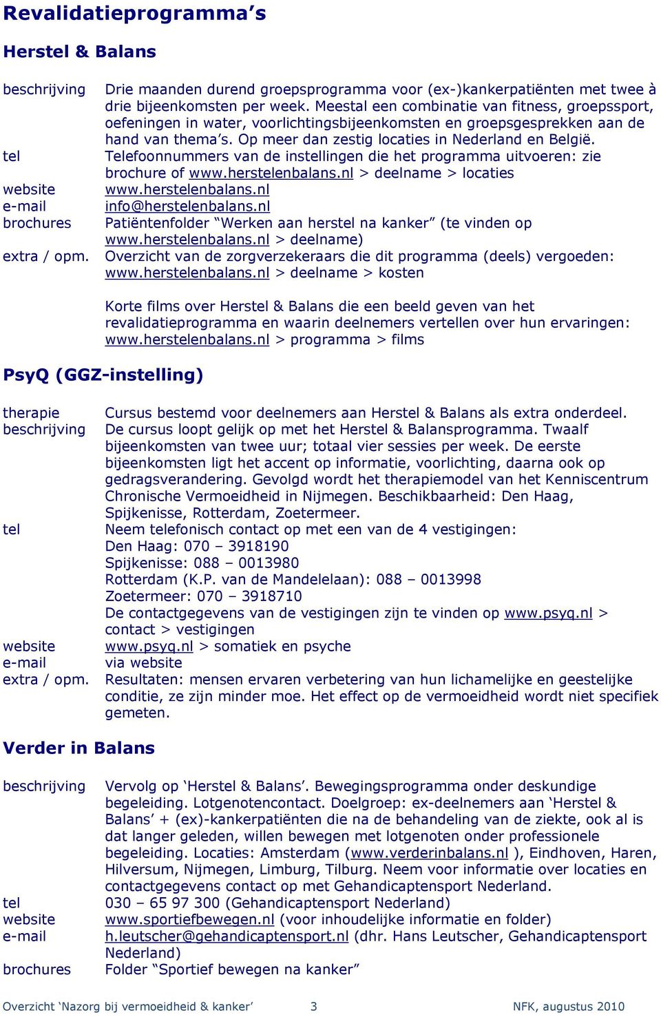 Telefoonnummers van de inslingen die het programma uitvoeren: zie brochure of www.hersenbalans.nl > deelname > locaties www.hersenbalans.nl info@hersenbalans.