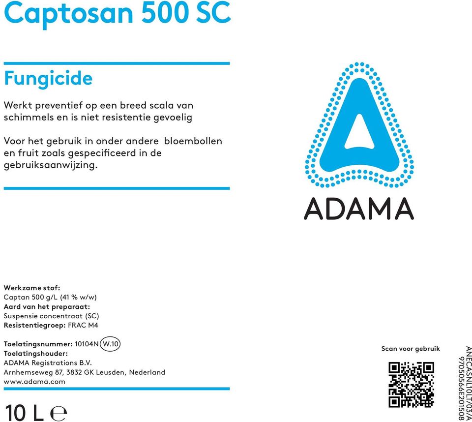 Werkzame stof: Captan 500 g/l (41 % w/w) Aard van het preparaat: Suspensie concentraat (SC) Resistentiegroep: FRAC M4