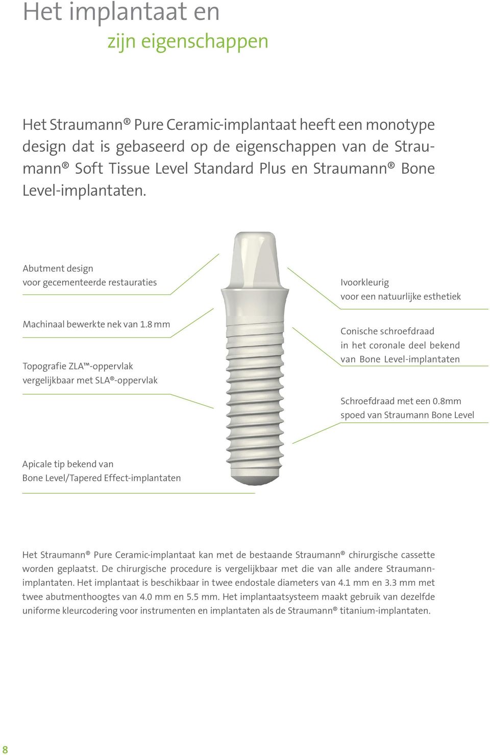 8 mm Topografie ZLA -oppervlak vergelijkbaar met SLA -oppervlak Conische schroefdraad in het coronale deel bekend van Bone Level-implantaten Schroefdraad met een 0.