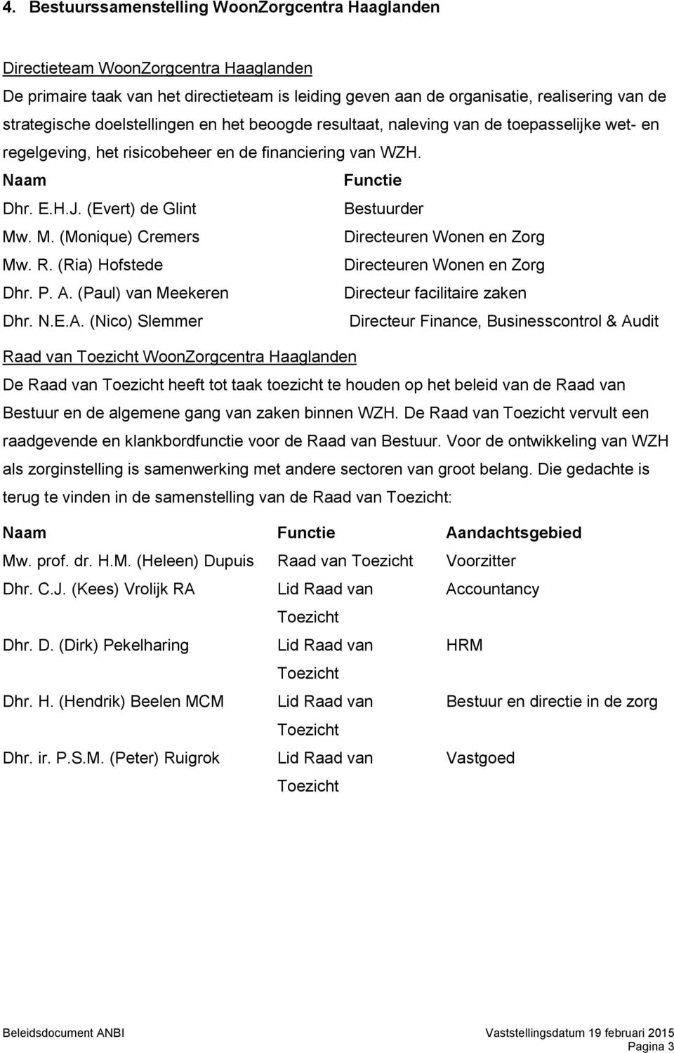 . M. (Monique) Cremers Directeuren Wonen en Zorg Mw. R. (Ria) Hofstede Directeuren Wonen en Zorg Dhr. P. A.