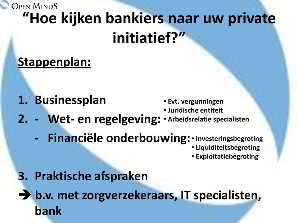 vergunningen Juridische entiteit Arbeidsrelatie specialisten Investeringsbegroting