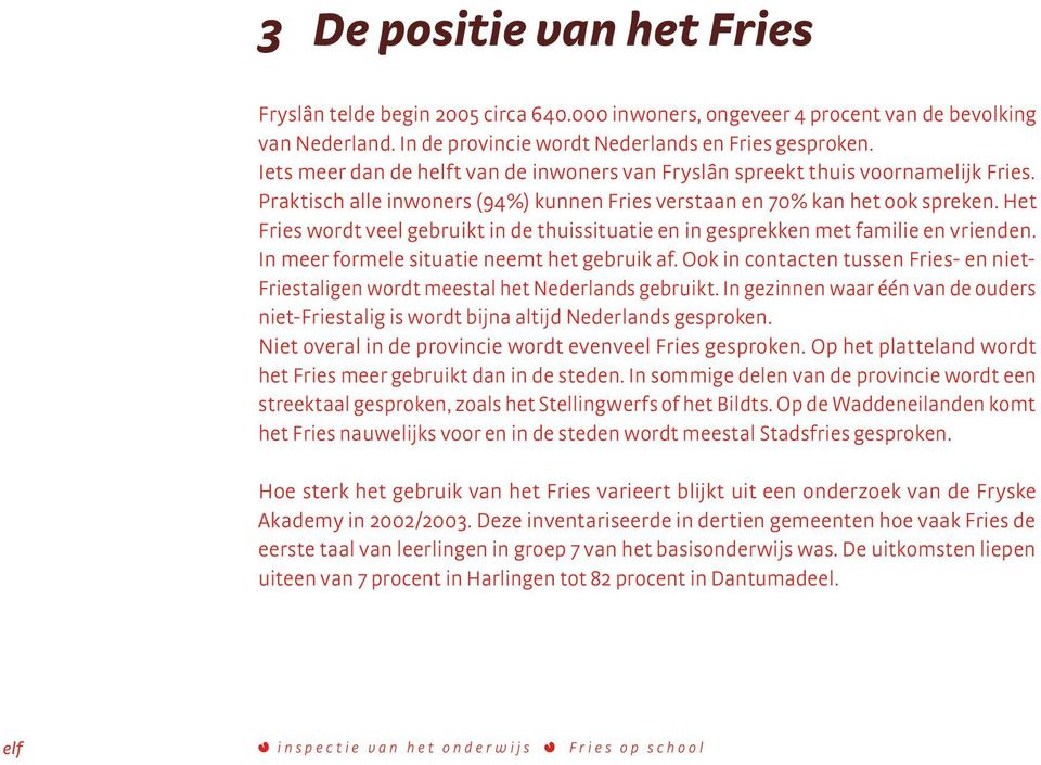 Het Frieswordt veel gebruiktindethuissituatie en in gesprekken metfamilieenvrienden. In meer formele situatie neemt het gebruik af.