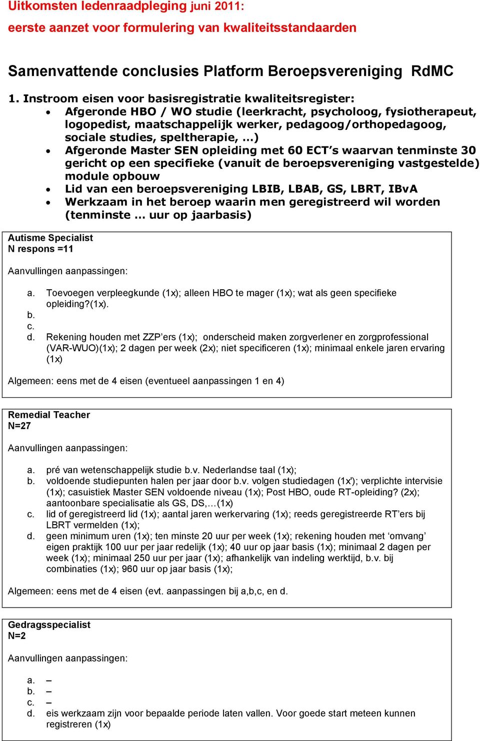 studies, speltherapie, ) Afgeronde Master SEN opleiding met 60 ECT s waarvan tenminste 30 gericht op een specifieke (vanuit de beroepsvereniging vastgestelde) module opbouw N respons =11 Lid van een