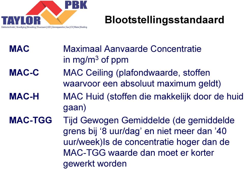 makkelijk door de huid gaan) Tijd Gewogen Gemiddelde (de gemiddelde grens bij 8 uur/dag en niet