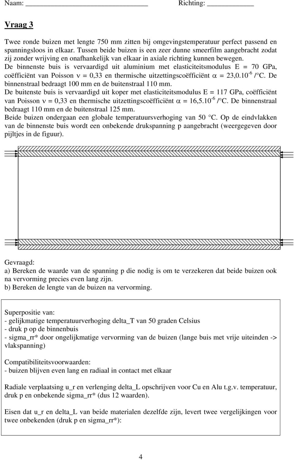 De binnenste buis is vervaardigd uit aluminium met elasticiteitsmodulus E = 70 GPa, coëfficiënt van Poisson = 0,33 en thermische uitzettingscoëfficiënt = 23,0.10-6 / C.