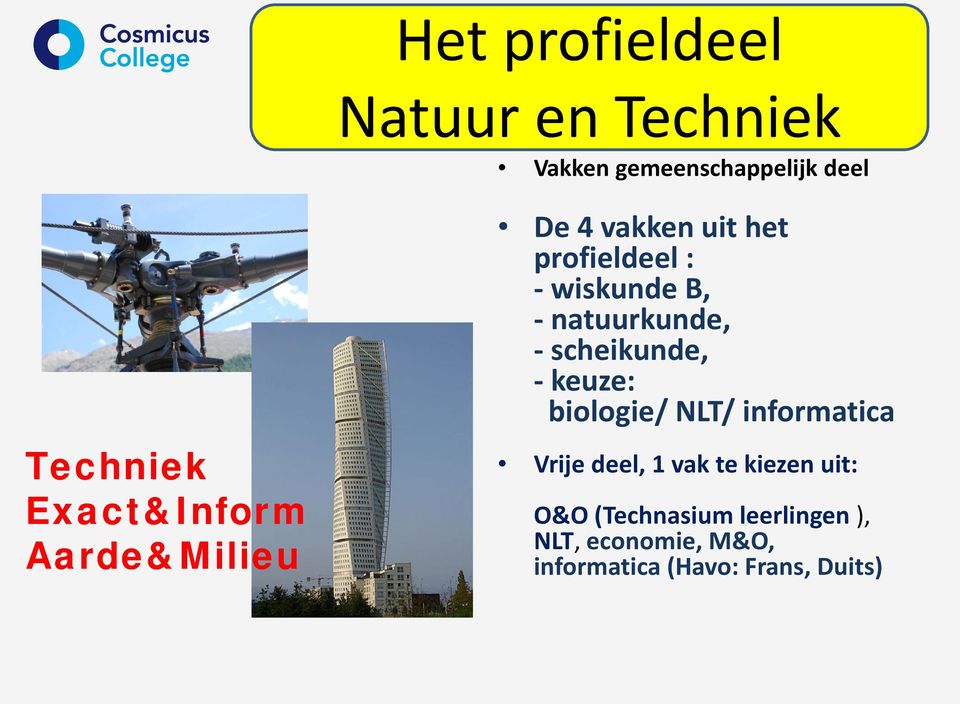 natuurkunde, - scheikunde, - keuze: biologie/ NLT/ informatica Vrije deel, 1 vak