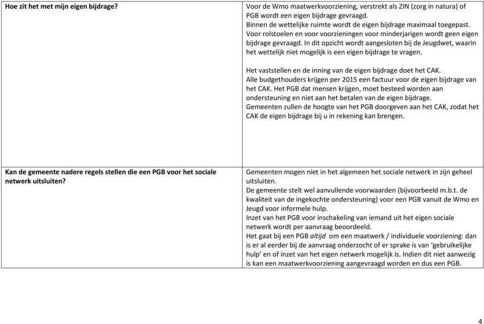 In dit opzicht wordt aangesloten bij de Jeugdwet, waarin het wettelijk niet mogelijk is een eigen bijdrage te vragen. Het vaststellen en de inning van de eigen bijdrage doet het CAK.