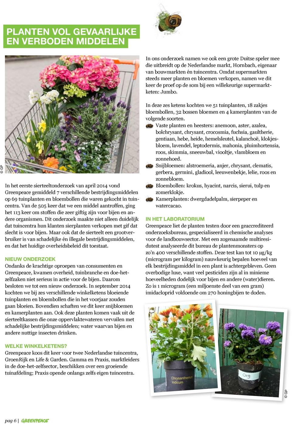 GP In het eerste sierteeltonderzoek van april 2014 vond Greenpeace gemiddeld 7 verschillende bestrijdingsmiddelen op 69 tuinplanten en bloembollen die waren gekocht in tuincentra.