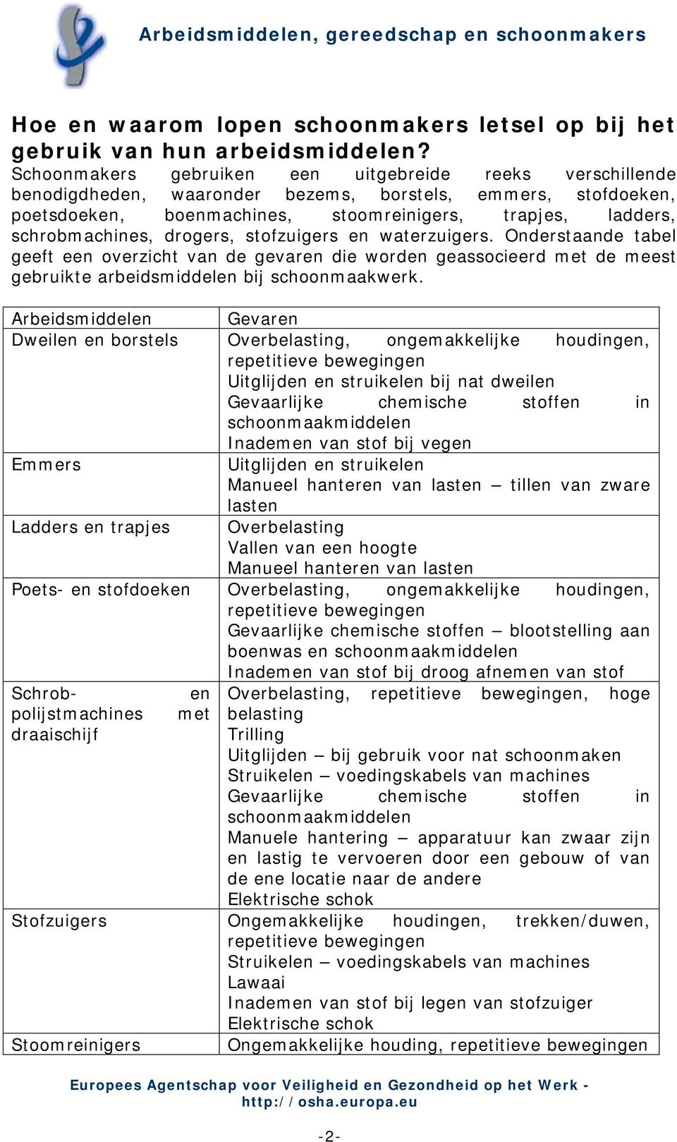 drogers, stofzuigers en waterzuigers. Onderstaande tabel geeft een overzicht van de gevaren die worden geassocieerd met de meest gebruikte arbeidsmiddelen bij schoonmaakwerk.