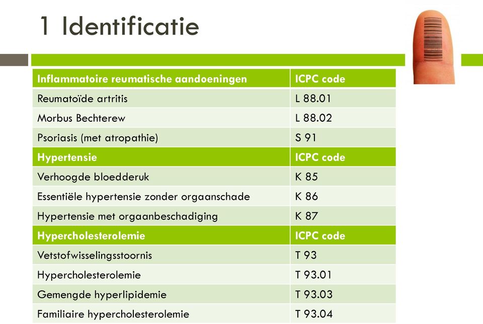 02 Psoriasis (met atropathie) S 91 Hypertensie Verhoogde bloedderuk K 85 Essentiële hypertensie zonder orgaanschade