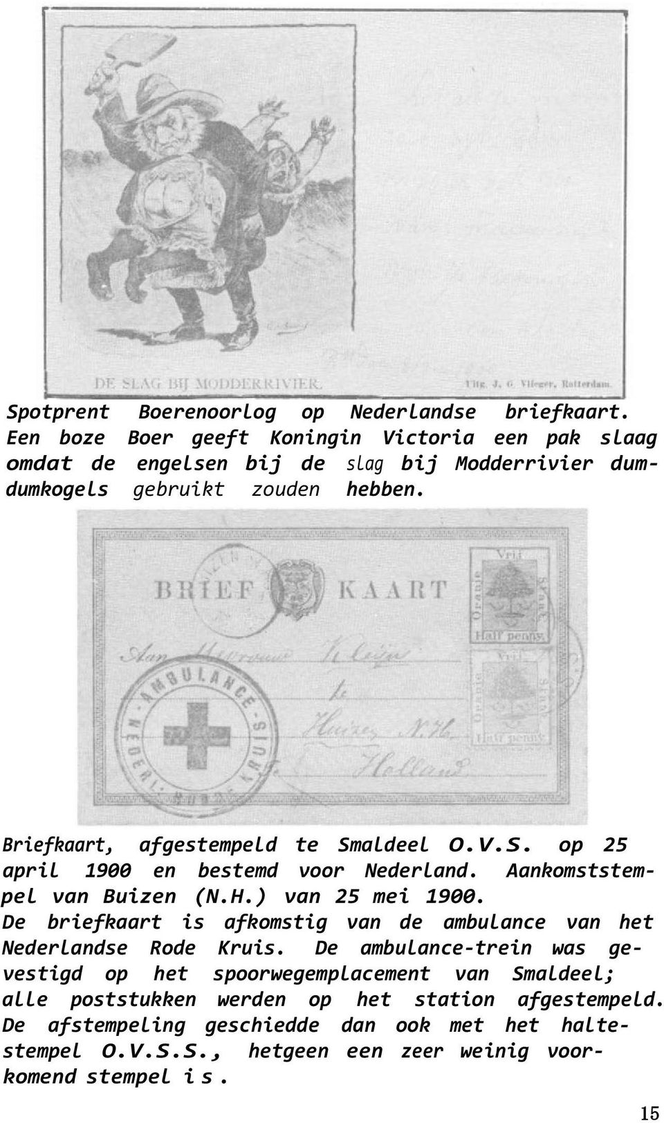 Briefkaart, afgestempeld te Smaldeel O.V.S. op 25 april 1900 en bestemd voor Nederland. Aankomststempel van Buizen (N.H.) van 25 mei 1900.