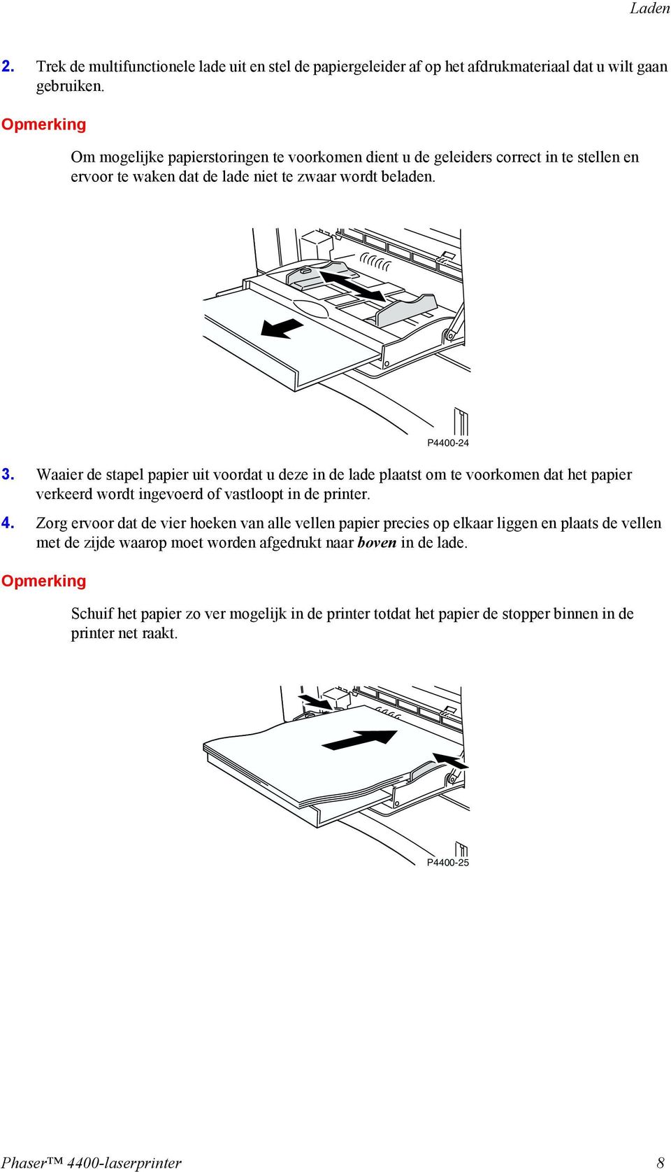 Waaier de stapel papier uit voordat u deze in de lade plaatst om te voorkomen dat het papier verkeerd wordt ingevoerd of vastloopt in de printer. 4.