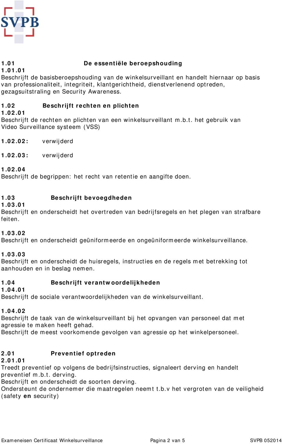 02.02: verwijderd 1.02.03: verwijderd 1.02.04 Beschrijft de begrippen: het recht van retentie en aangifte doen. 1.03 Beschrijft bevoegdheden 1.03.01 Beschrijft en onderscheidt het overtreden van bedrijfsregels en het plegen van strafbare feiten.