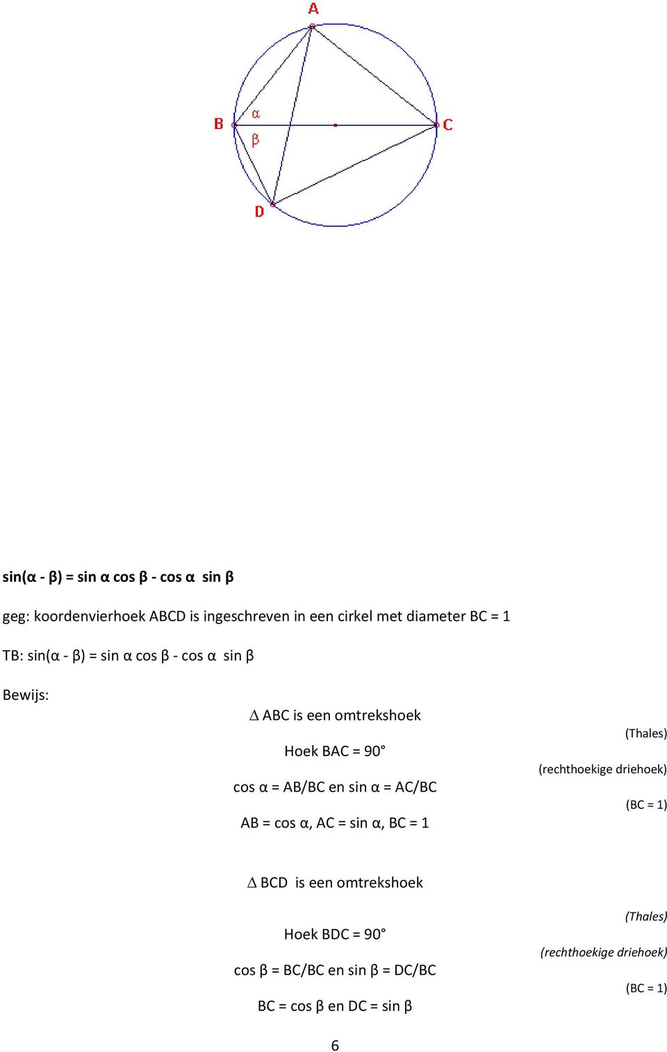 α = AC/BC AB = cos α, AC = sin α, BC = 1 (Thales) (rechthoekige driehoek) (BC = 1) BCD is een omtrekshoek