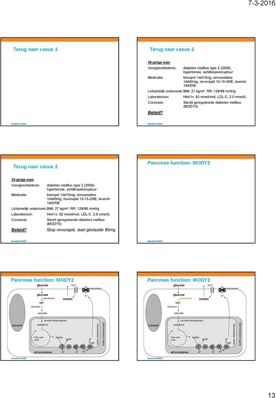 0 mmol/l Slecht gereguleerde diabetes mellitus (MODY3) Terug naar casus 2 Pancreas function: MODY2 39-jarige man Vogeschiedenis: diabetes mellitus type 2 (2009), hypertensie, achillespeesruptuur