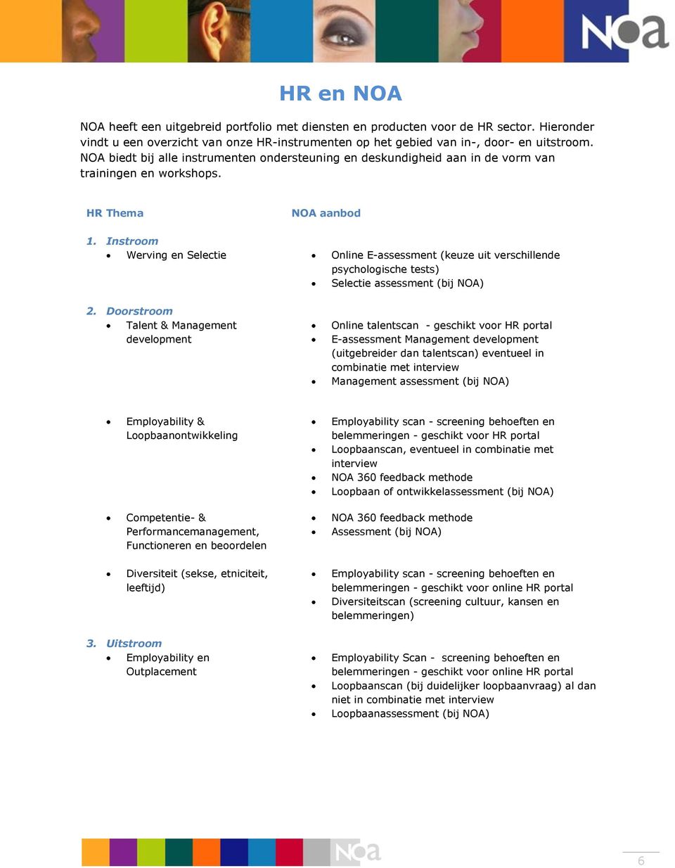 Doorstroom Talent & Management development NOA aanbod Online E-assessment (keuze uit verschillende psychologische tests) Selectie assessment (bij NOA) Online talentscan - geschikt voor HR portal