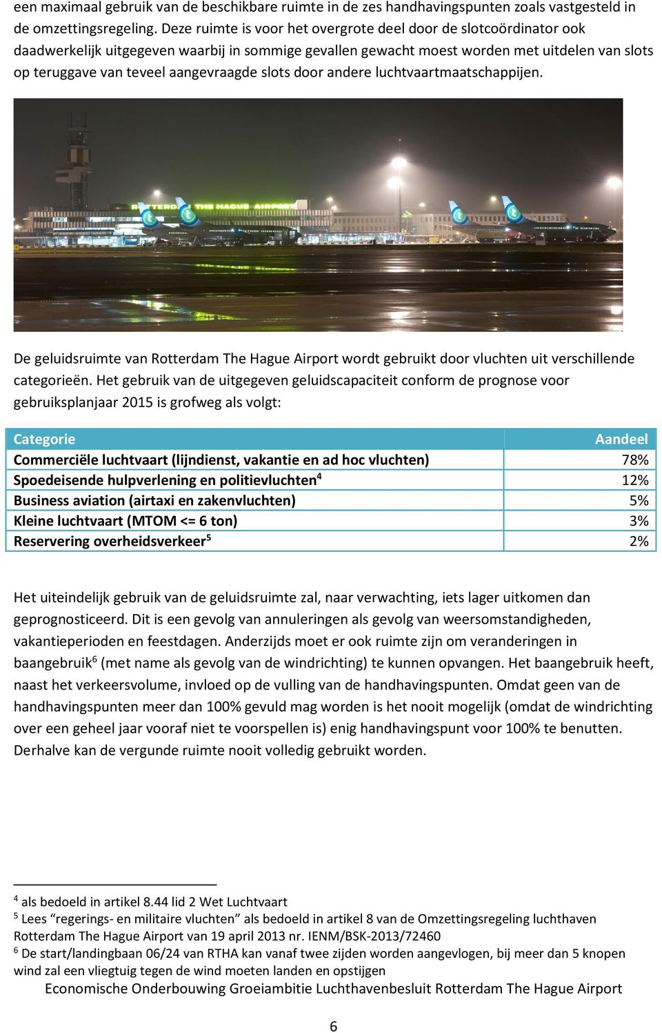 aangevraagde slots door andere luchtvaartmaatschappijen. De geluidsruimte van Rotterdam The Hague Airport wordt gebruikt door vluchten uit verschillende categorieën.