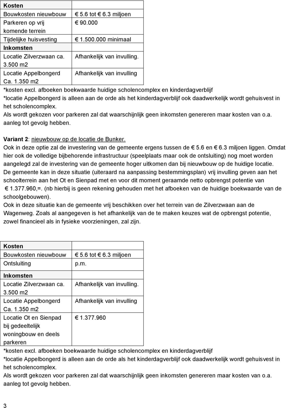 Ook in deze optie zal de investering van de gemeente ergens tussen de 5.6 en 6.3 miljoen liggen.