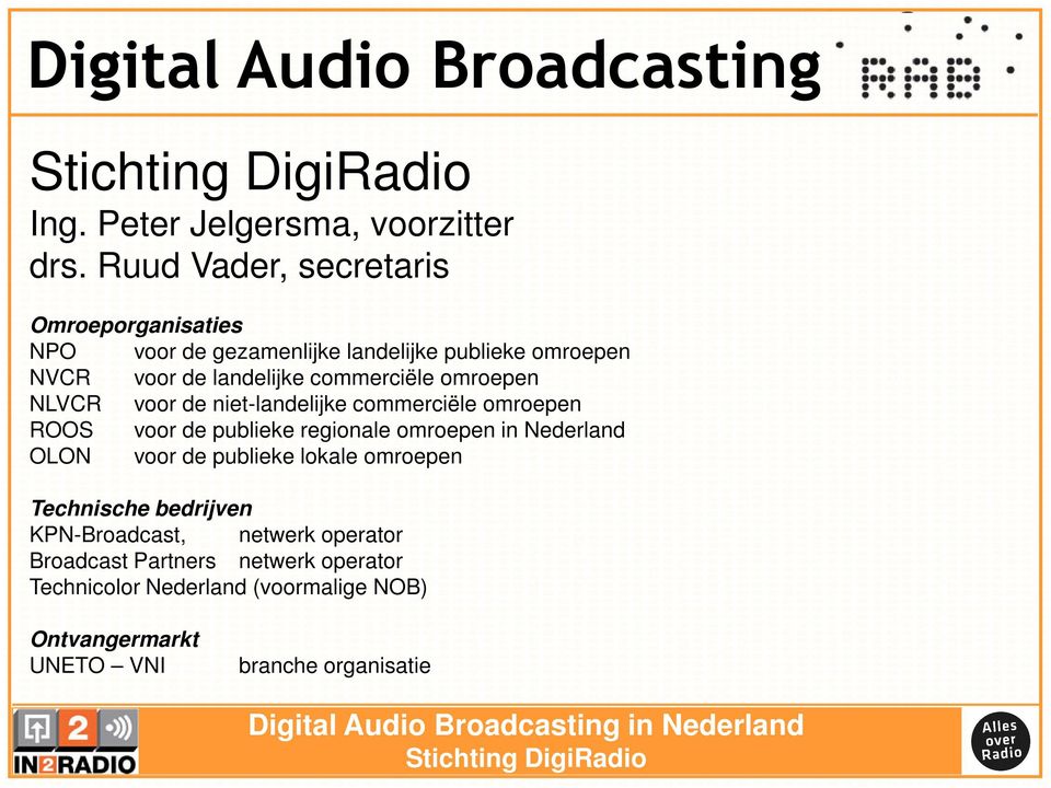 commerciële omroepen NLVCR voor de niet-landelijke commerciële omroepen ROOS voor de publieke regionale omroepen in Nederland