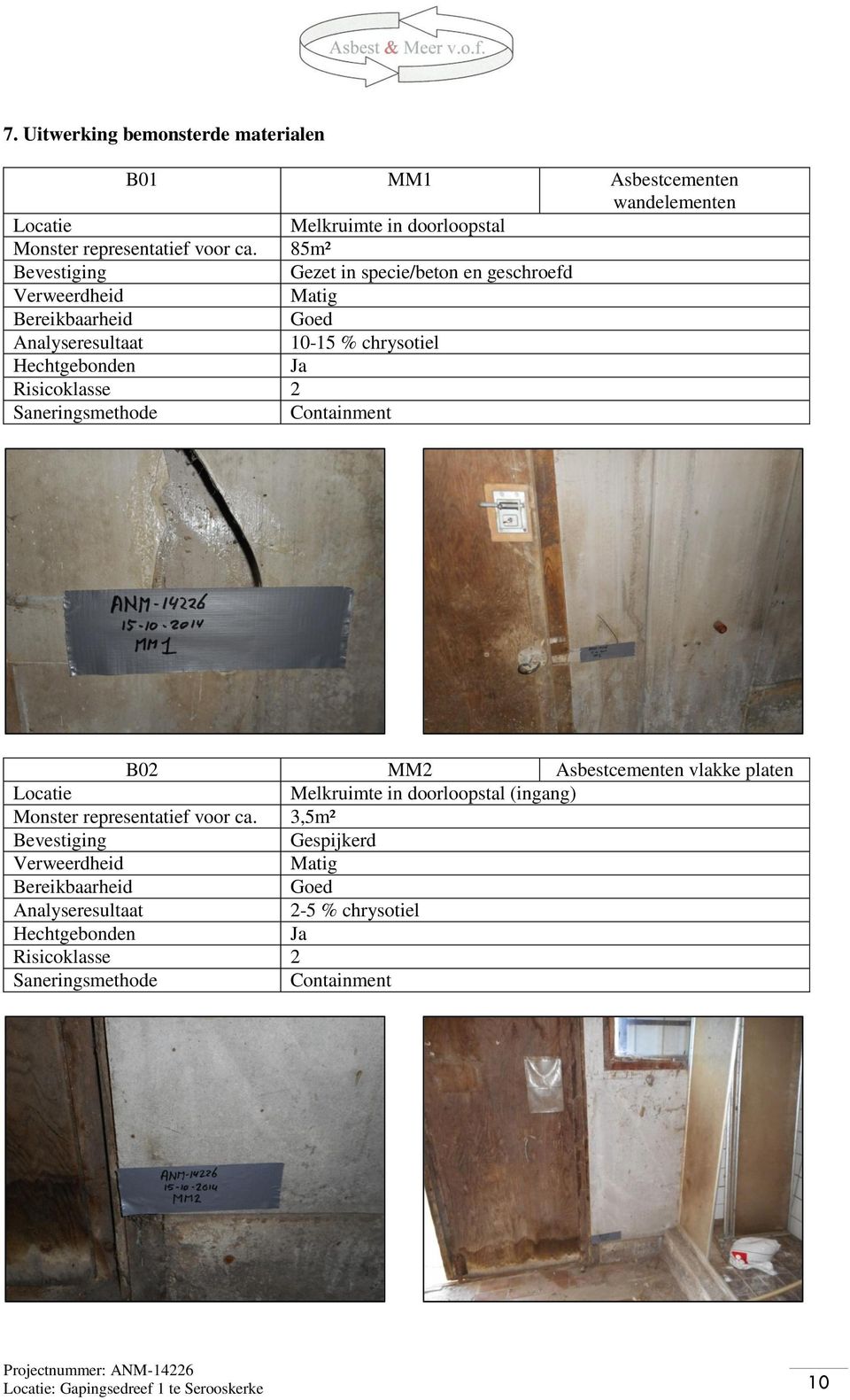 Risicoklasse 2 Saneringsmethode Containment B02 MM2 Asbestcementen vlakke platen Locatie Melkruimte in doorloopstal (ingang) Monster representatief