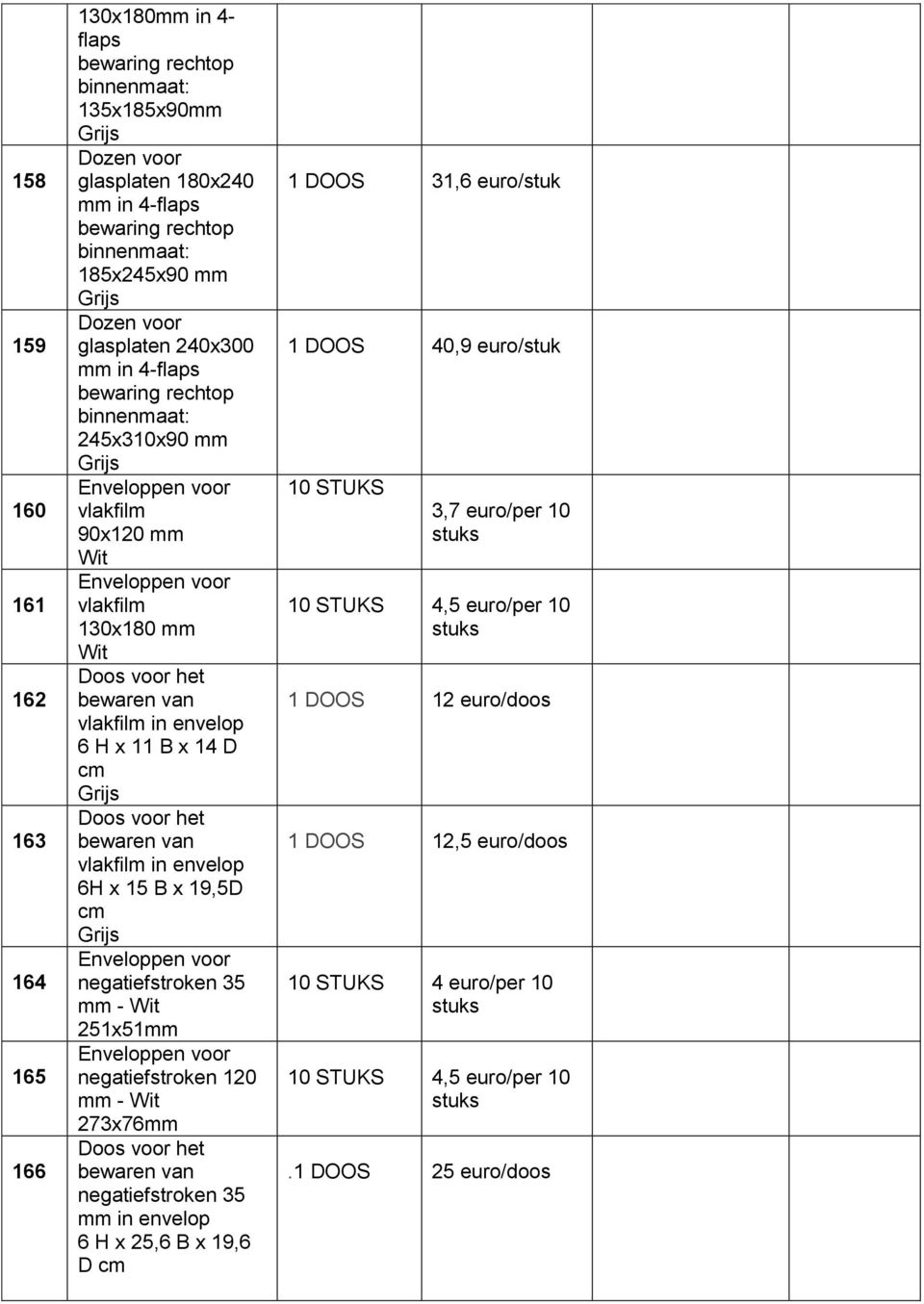 11 B x 14 D Doos voor het bewaren van vlakfilm in envelop 6H x 15 B x 19,5D Enveloppen voor negatiefstroken 35 mm - 251x51mm Enveloppen voor negatiefstroken 120 mm - 273x76mm Doos voor het bewaren