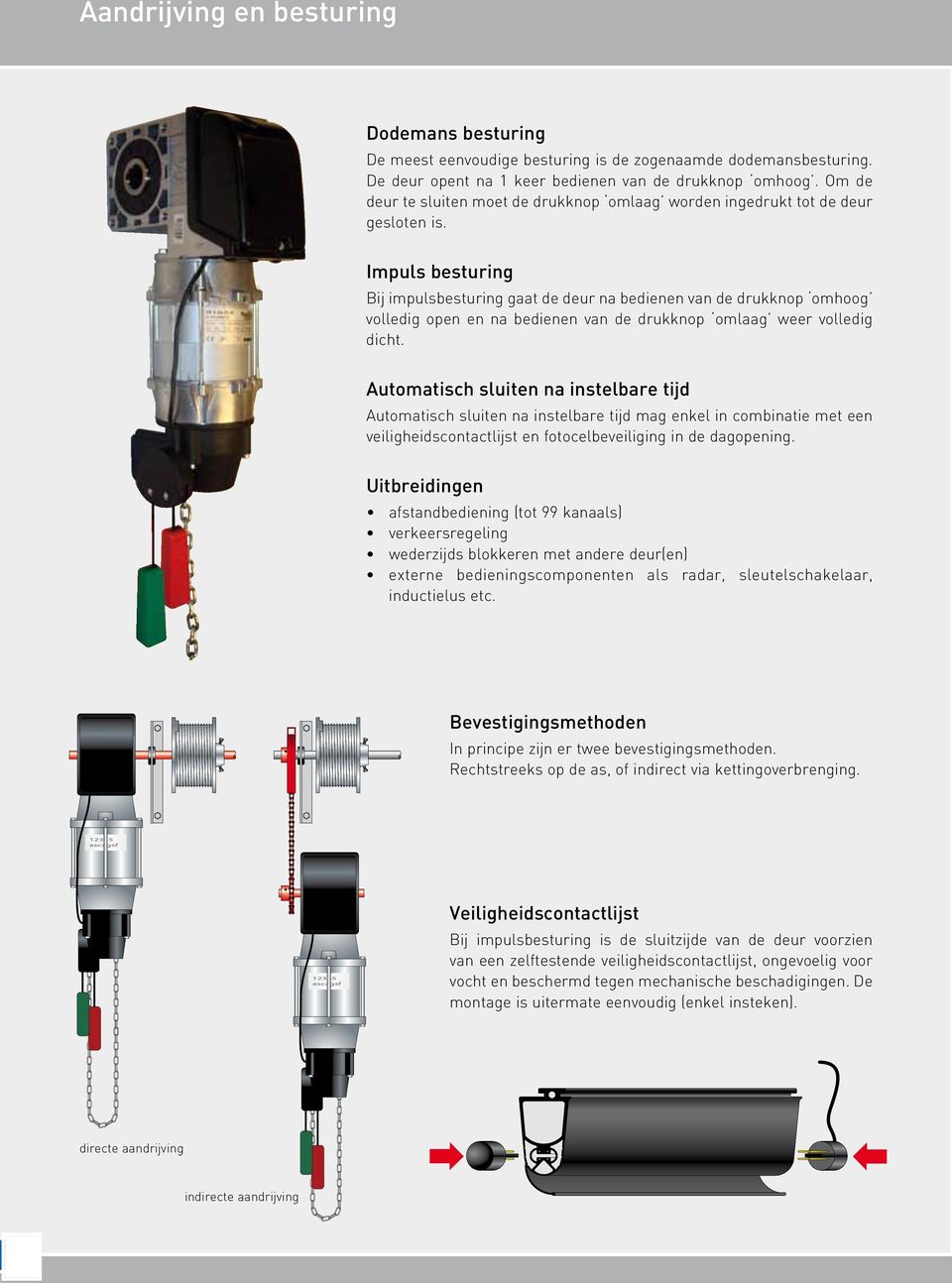 Impuls besturing Bij impulsbesturing gaat de deur na bedienen van de drukknop omhoog volledig open en na bedienen van de drukknop omlaag weer volledig dicht.