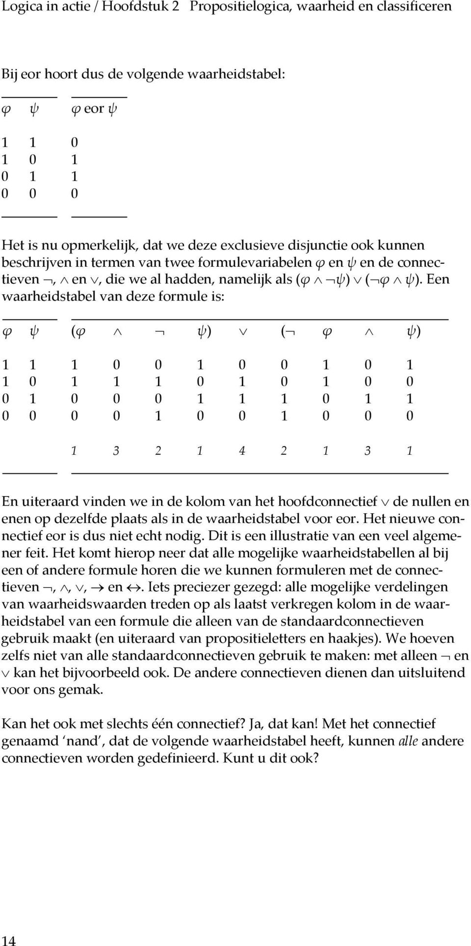 Een waarheidstabel van deze formule is: ϕ ψ (ϕ ψ) ( ϕ ψ) 1 1 1 0 0 1 0 0 1 0 1 1 0 1 1 1 0 1 0 1 0 0 0 1 0 0 0 1 1 1 0 1 1 0 0 0 0 1 0 0 1 0 0 0 1 3 2 1 4 2 1 3 1 En uiteraard vinden we in de kolom