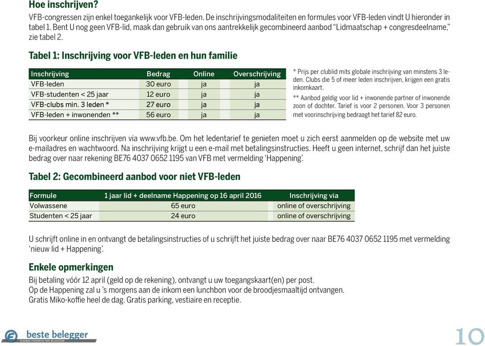 Tabel 1: Inschrijving voor VFB-leden en hun familie Inschrijving Bedrag Online Overschrijving VFB-leden 30 euro ja ja VFB-studenten < 25 jaar 12 euro ja ja VFB-clubs min.