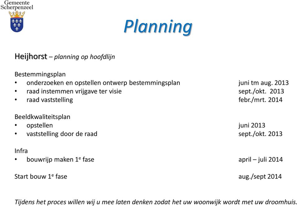 2014 Beeldkwaliteitsplan opstellen juni 2013 vaststelling door de raad sept./okt.