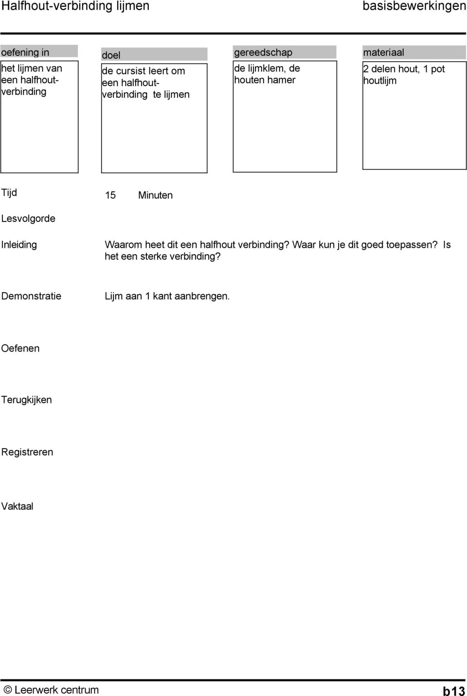 delen hout, 1 pot houtlijm Tijd 15 Waarom heet dit een halfhout verbinding?