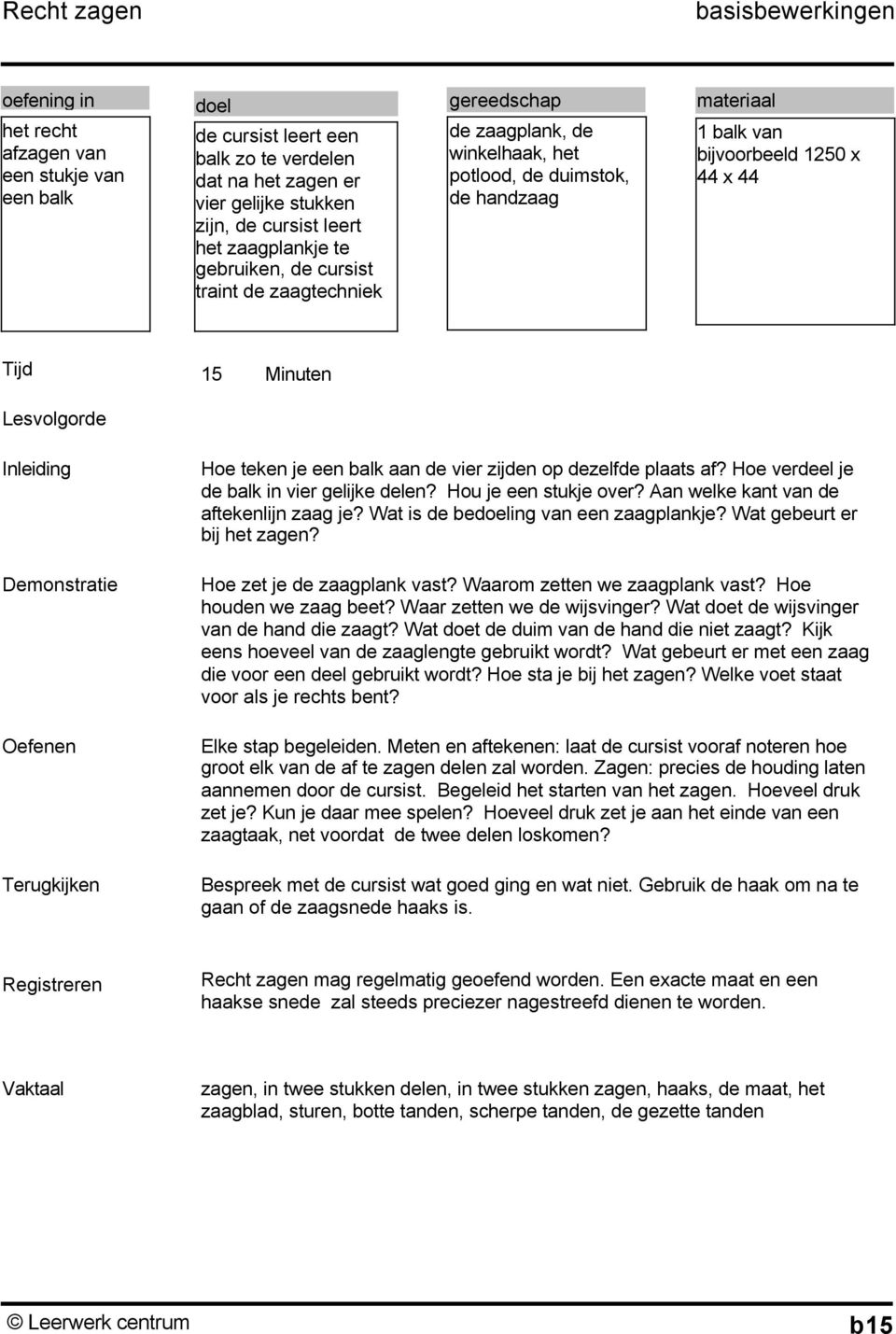 op dezelfde plaats af? Hoe verdeel je de balk in vier gelijke delen? Hou je een stukje over? Aan welke kant van de aftekenlijn zaag je? Wat is de being van een zaagplankje?