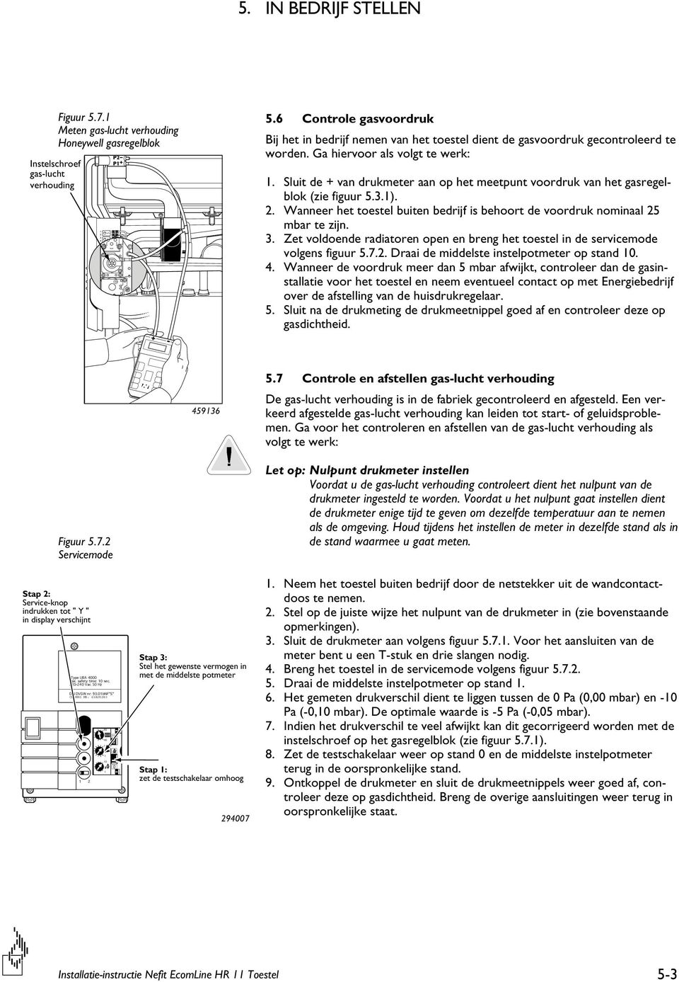 Sluit de + van drukmeter aan op het meetpunt voordruk van het gasregelblok (zie figuur 5.3.1). 2. Wanneer het toestel buiten bedrijf is behoort de voordruk nominaal 25 mbar te zijn. 3.