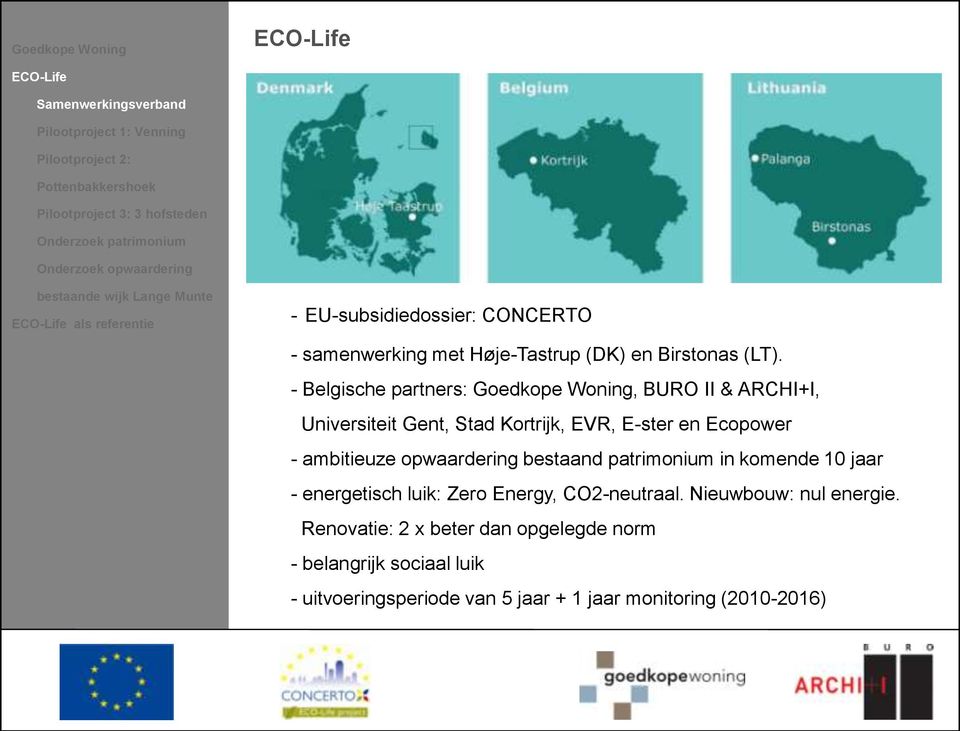 - Belgische partners: Goedkope Woning, BURO II & ARCHI+I, Universiteit Gent, Stad Kortrijk, EVR, E-ster en Ecopower - ambitieuze opwaardering bestaand