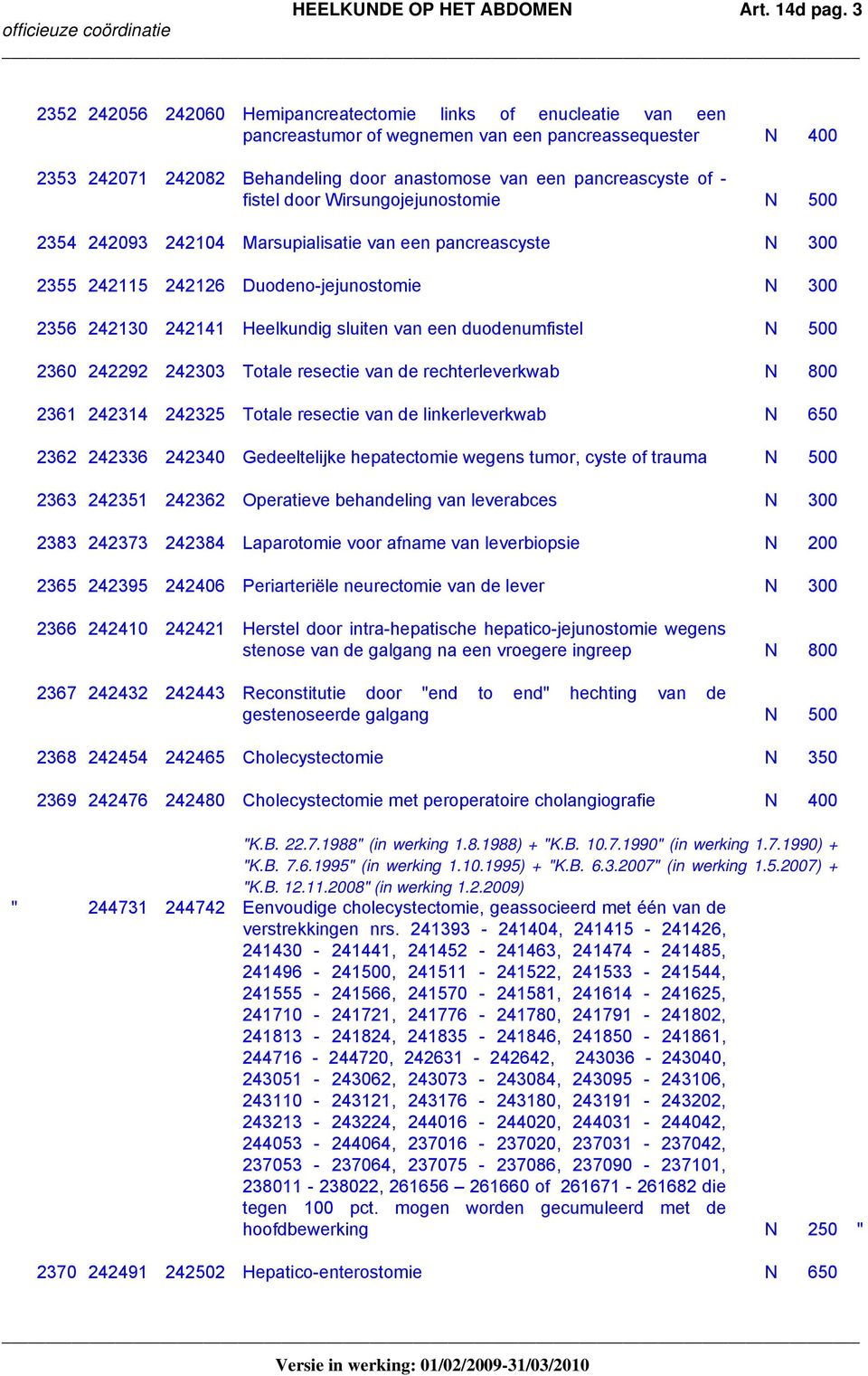 - fistel door Wirsungojejunostomie N 500 2354 242093 242104 Marsupialisatie van een pancreascyste N 300 2355 242115 242126 Duodeno-jejunostomie N 300 2356 242130 242141 Heelkundig sluiten van een