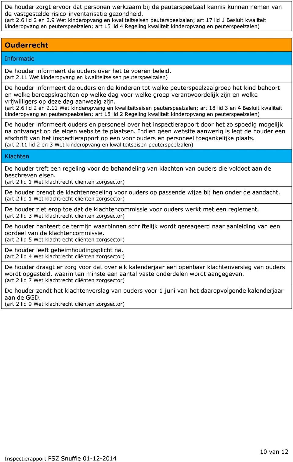 11 Wet kinderopvang en kwaliteitseisen peuterspeelzalen) De houder informeert de ouders en de kinderen tot welke peuterspeelzaalgroep het kind behoort en welke beroepskrachten op welke dag voor welke