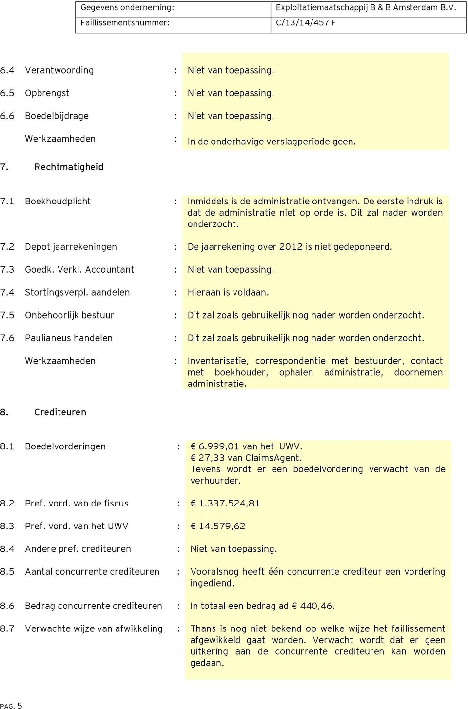 Accountant : Niet van toepassing. 7.4 Stortingsverpl. aandelen : Hieraan is voldaan. 7.5 Onbehoorlijk bestuur : Dit zal zoals gebruikelijk nog nader worden onderzocht. 7.6 Paulianeus handelen : Dit zal zoals gebruikelijk nog nader worden onderzocht.