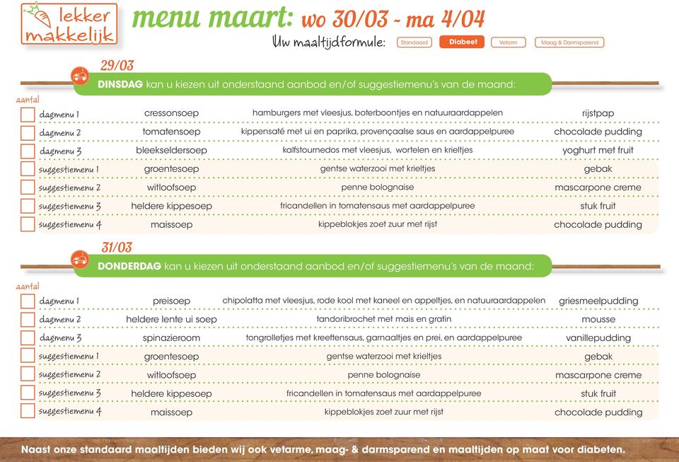 kalfstournedos met vleesjus, wortelen en krieltjes rijstpap yoghurt met fruit 31/03 preisoep chipolatta met vleesjus, rode kool met kaneel en appeltjes,