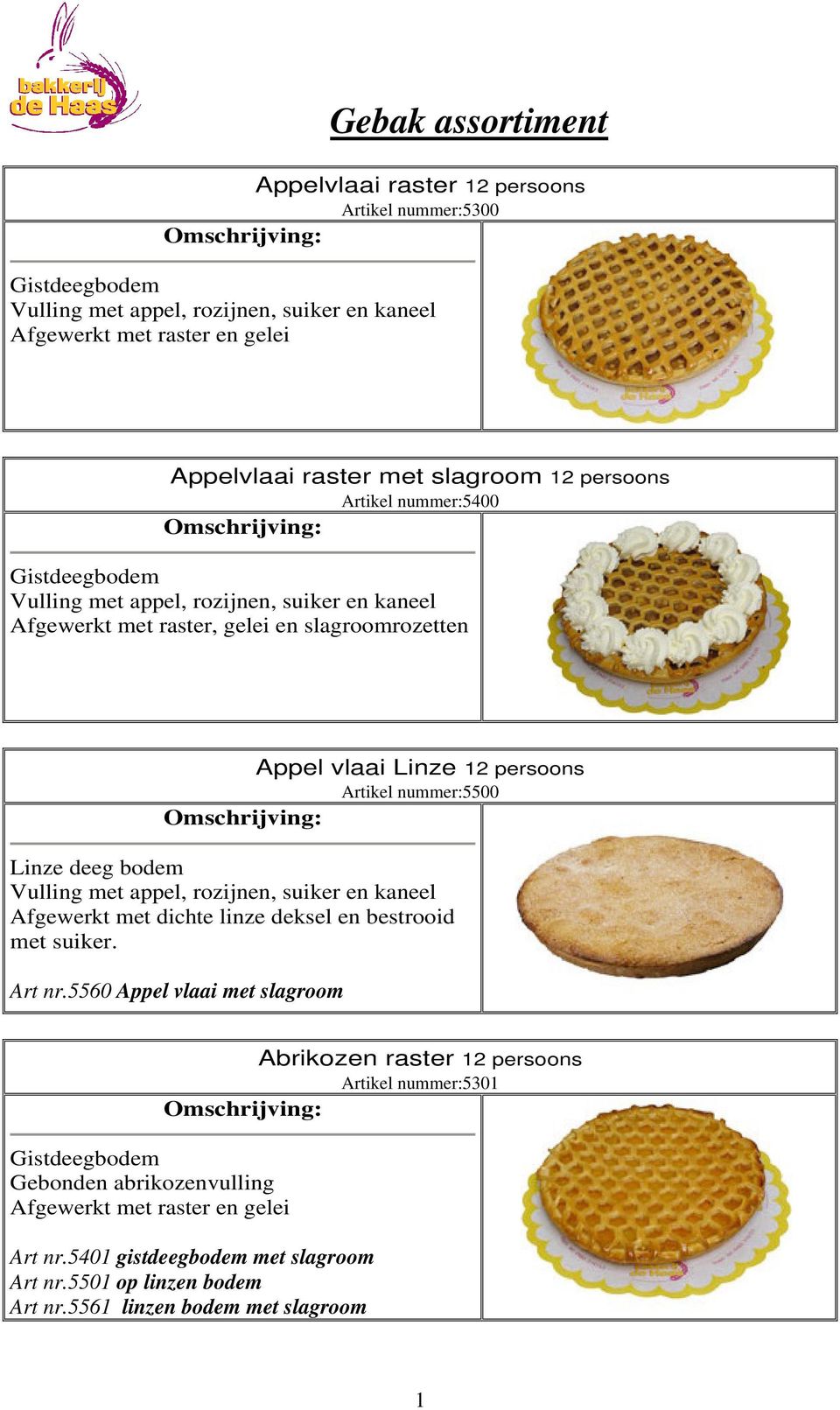 bodem Vulling met appel, rozijnen, suiker en kaneel Afgewerkt met dichte linze deksel en bestrooid met suiker. Art nr.