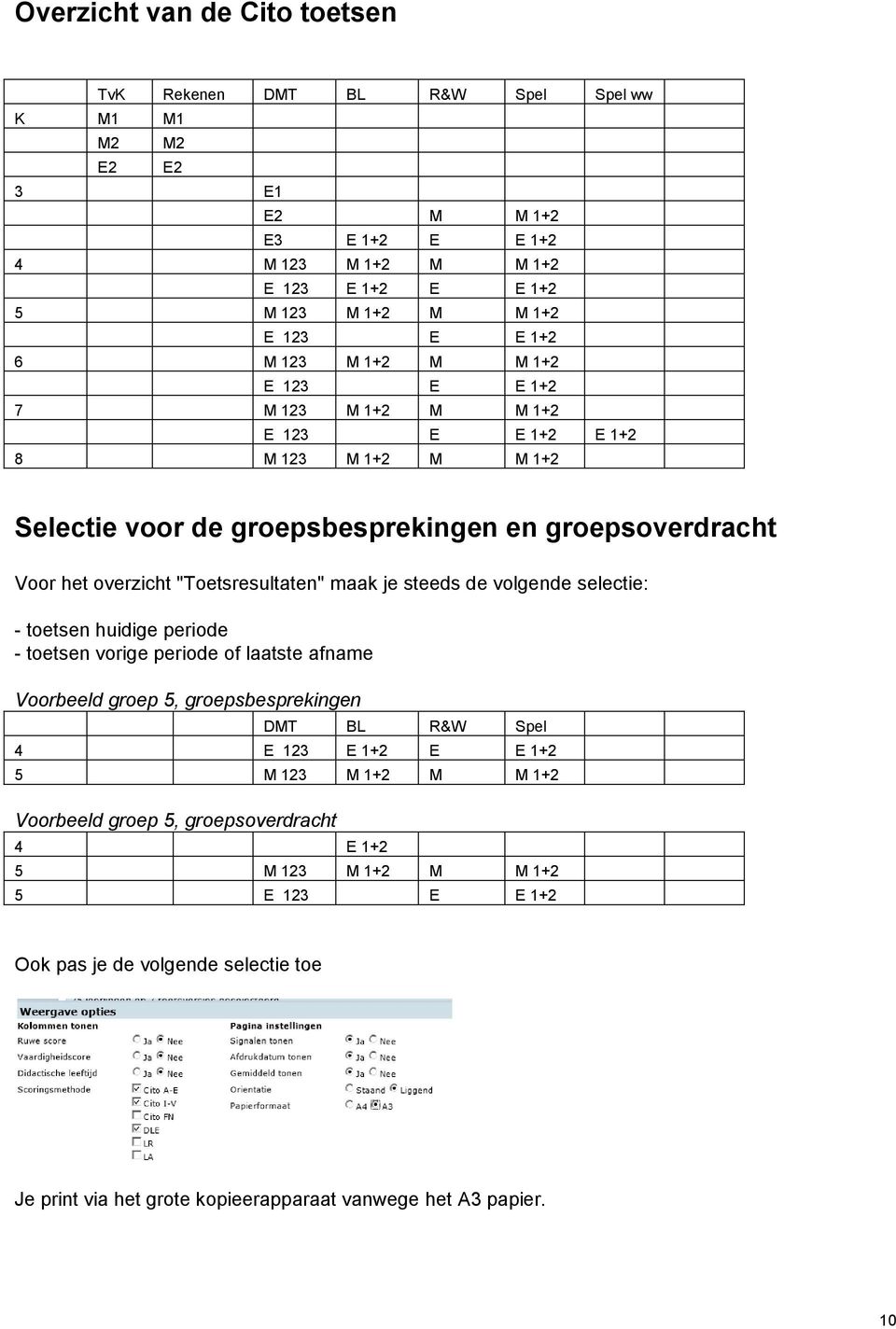 "Toetsresultaten" maak je steeds de volgende selectie: - toetsen huidige periode - toetsen vorige periode of laatste afname Voorbeeld groep 5, groepsbesprekingen DMT BL R&W Spel 4 E 123 E 1+2 E