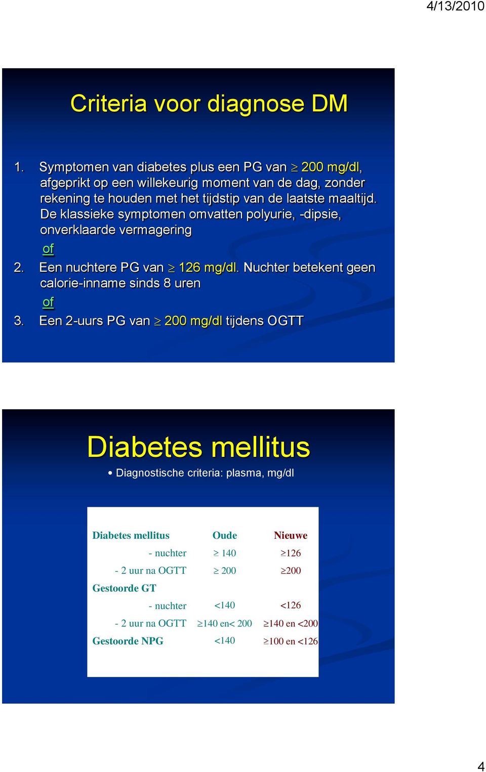 maaltijd. De klassieke symptomen omvatten polyurie, -dipsie, onverklaarde vermagering of 2. Een nuchtere PG van 126 mg/dl.